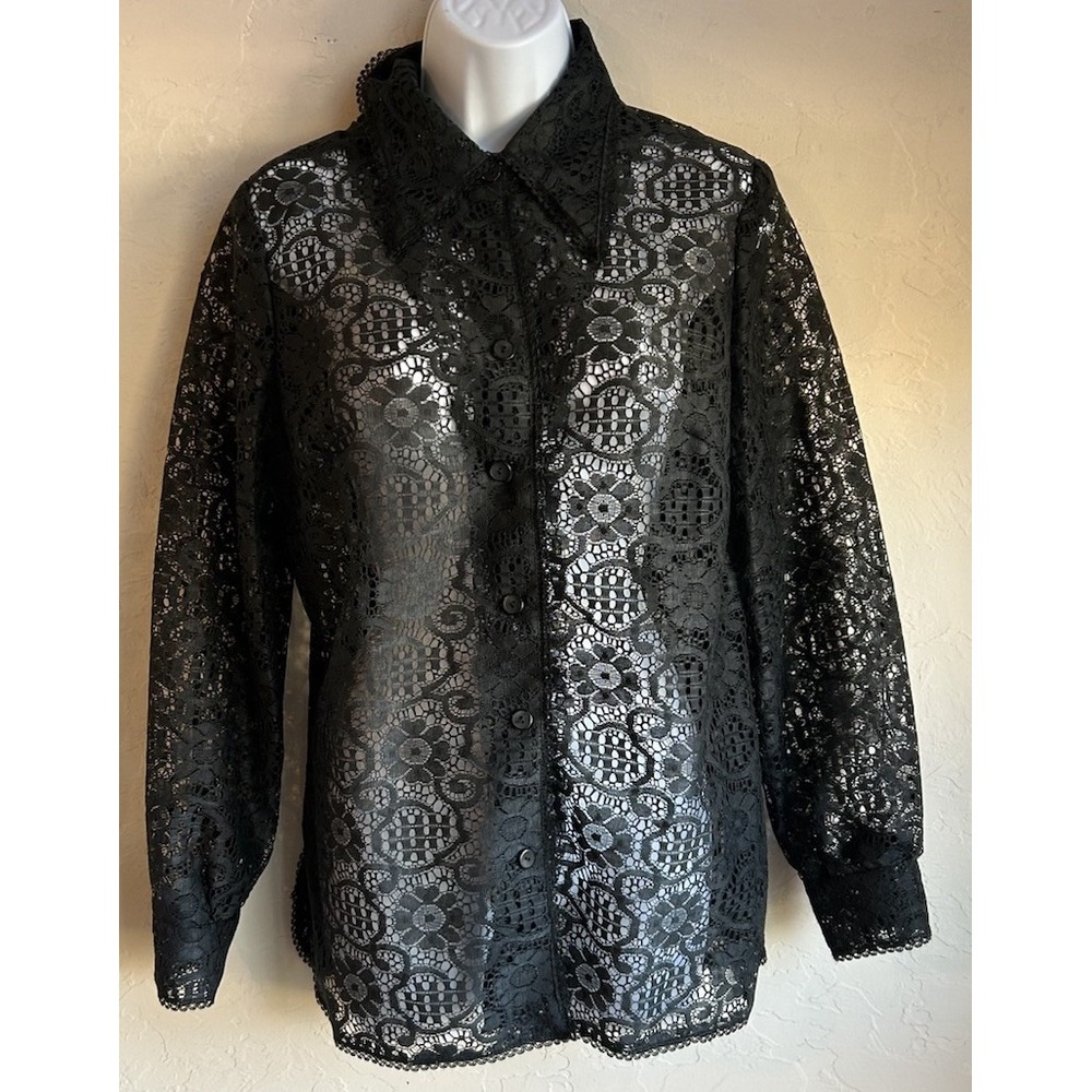 Vintage 60s Lori Beth Sheer Black Lace‎ Blouse M Button Up Pointed Collar Gothic
